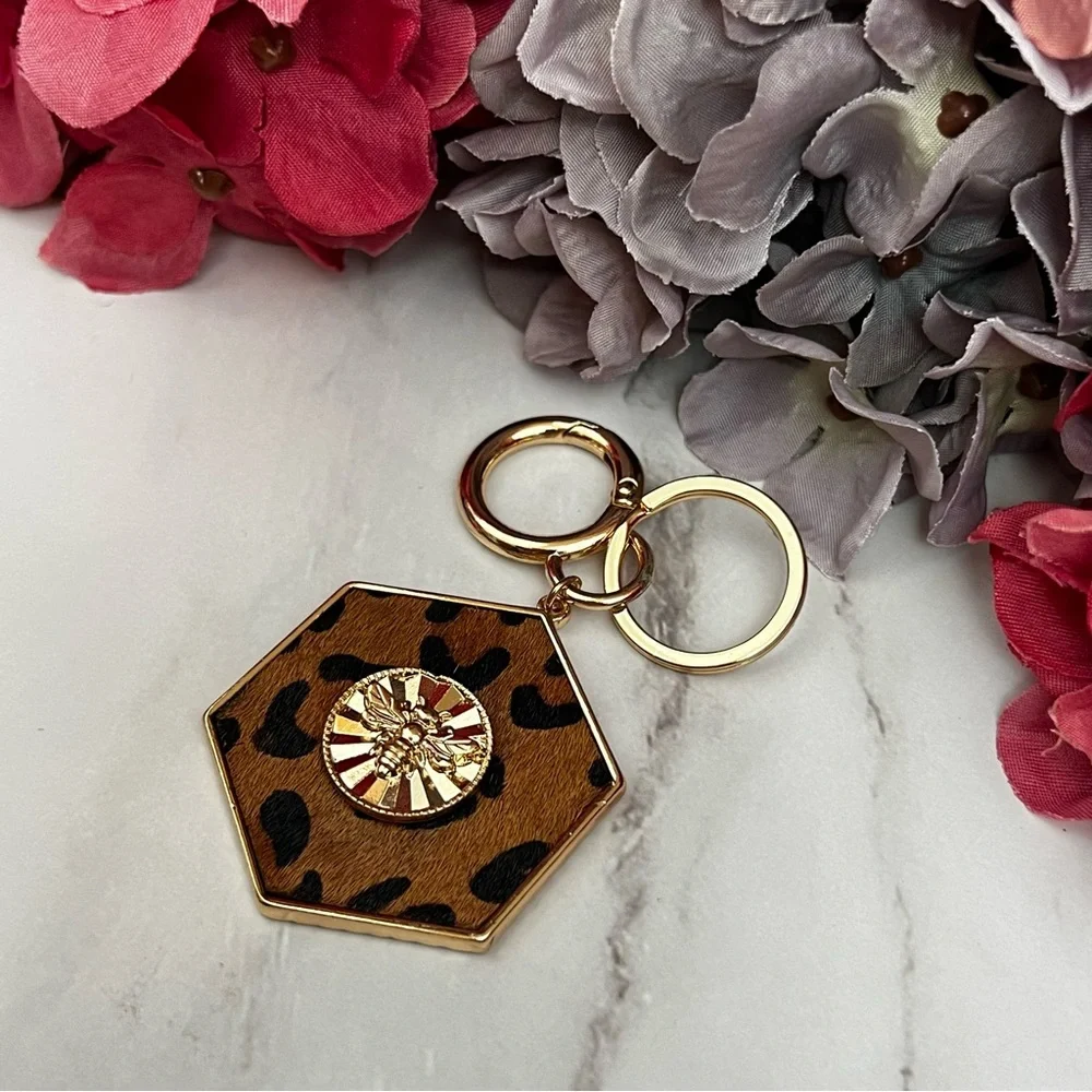 Gorgeous Golden Bumblebee and Leopard Hexagon Keychain Charm - Picture 4 of 16
